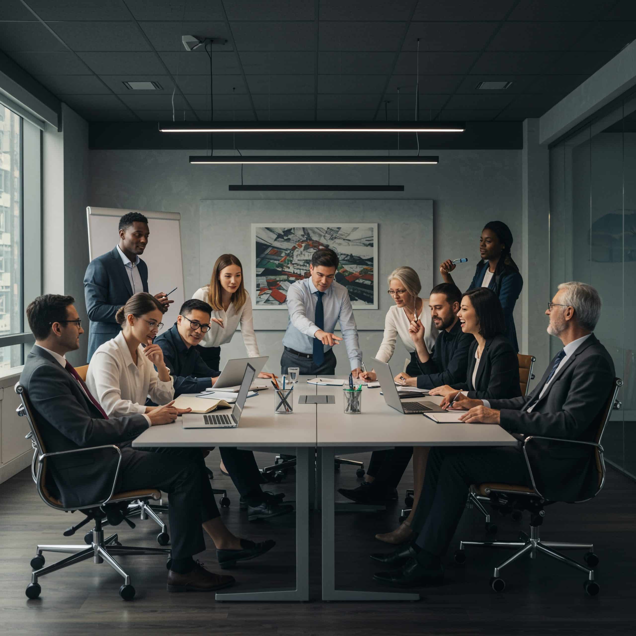 Law Firms 9 Legal professionals in discussion around a boardroom table during a PMRI customised in-house training engagement.
